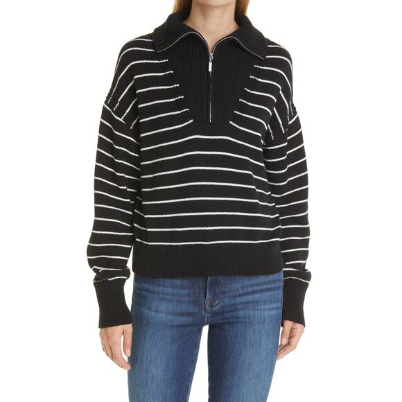 La Ligne 'Bastien' Black Cotton Stripe Half-Zip Cotton Sweater Size L - Picture 1 of 5